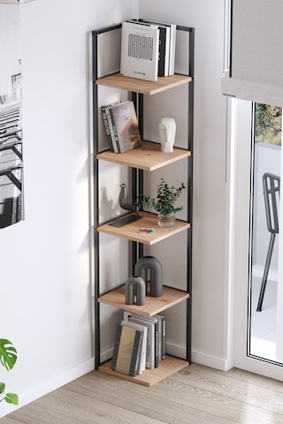 Bofigo 5 Raflı Metal Köşe Kitaplık Rafı Dekoratif Aksesuar Rafı Selanik 180 Cm Çam
