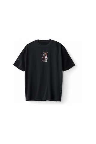 Bumeta Yılbaşı Hoodie Ho Ho Ho Noel Geyik Santa Kardan Adam Baskılı Oversize Unisex Tişört T-shirt Siyah