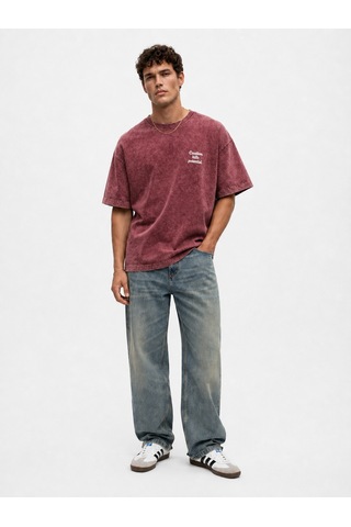 Respire Erkek Puf Baskılı Yıkamalı Oversize T-shirt Bordo