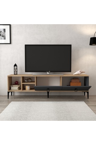 3805 Era Tv Ünitesi 180 Cm 2 Kapaklı Raflı Sepet - Antrasit Tv Sehpası Antrasit - Sepet Çok Renkli