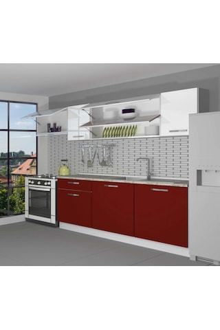 Decoraktiv Ekol 240 Mdf Hazır Mutfak Dolabı - Tezgah Dahil - Bordo Beyaz Beyaz - Kırmızı