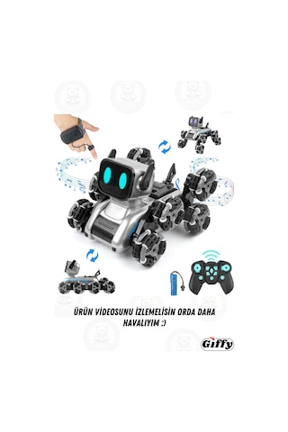 Oyuncak 2.4 Ghz Uzaktan Ve Bilekten Kumandalı Şarjlı 8 Teker Akrobat Robot Köpek Müzikli Ve Led Işık Gri