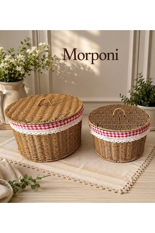 Morponi 2'li Kapaklı Ekoseli Hasır Rattan Organizer Sepet Yuvarlak 895 Sarı