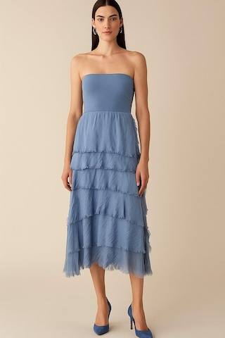 İtalyan 2 Beden Ince Gösteren Kat Kat Ipek Etek & Straplez Elbise İndigo Mavisi