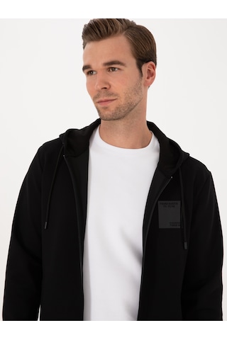 Siyah Regular Fit Pamuk Karışımlı Tam Fermuarlı Kapüşonlu Sweatshirt