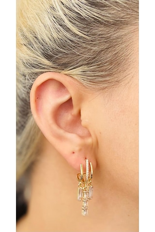 3 Lü Model Zirkon Taşlı Çelik Küpe Altın