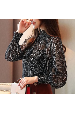 Moda Uzun Kollu Şifon Bluz Kadın Casual Tops Kadın Standı Yaka Ince Zarif Çiçek Gömlek Kadın Giyim Kayısı Açık Bej