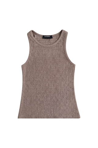 Cottonhıll Premium - Tide Collection Vizon Bisiklet Yaka Bürümcük Dokulu Kolsuz Kadın Crop Bluz VİZON