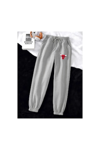 Tarzsokak Unisex Kadın/erkek Bulls Baskılı Özel Renkli Paça Lastik Eşofman Altı Jogger Gri