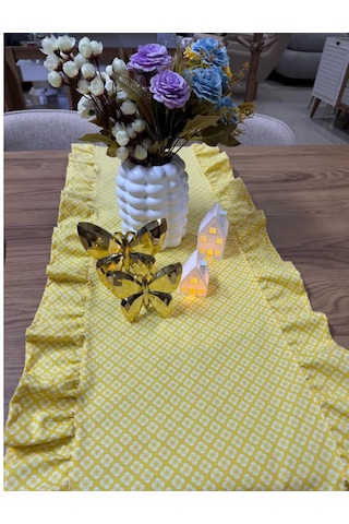 Vintage Duck Keten Sarı Çiçekli Fırfırlı Oval Runner 40 X 140 Cm Sarı