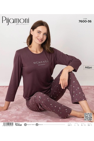 Pijamoni Kadın Milan Bisiklet Yaka Uzun Kol İnce Pijama Takımı 7600/36 - 1 Adet Mürdüm