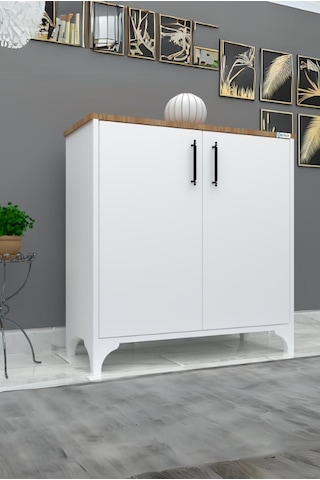 %100 Mdf 2 Kapaklı Küp Üstü Desenli Ayakkabılık Beyaz