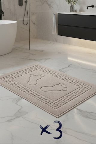 3'lü Ayak İzli Bukle Ayak Havlusu Seti 250 Gram - Paspas Banyo Seti 3 Adet Bej