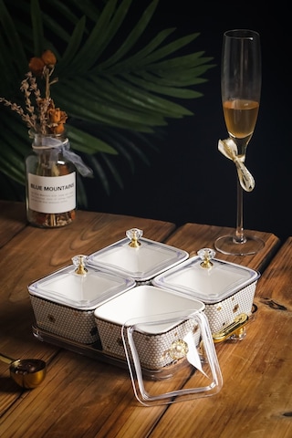 4'lü Emillia Porselen Lüks Kare Kahvaltılık Saklama Kabı Çerez Reçel Kahvaltılık 4'lü Sunum Tabağı Beyaz