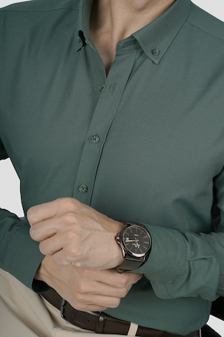 Yeşil Yaka Düğmeli Premium Şamre Slimfit Erkek Gömlek Yeşil