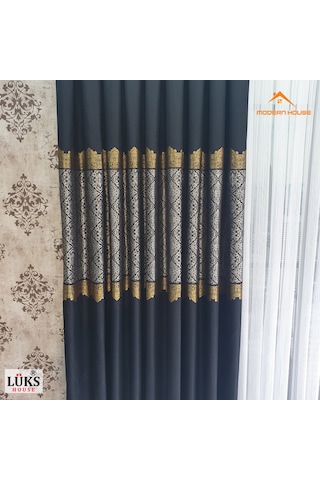 Lüks Siyah Fon Pano Perde Sık Pile Tek Kanat - Modern House Siyah