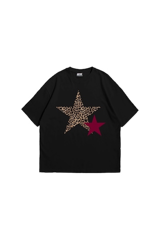 Tarzsokak Y2k Leopar Starz Baskılı Oversize Unisex Beyaz Siyah
