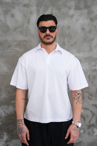Erkek Polo Yaka Oversize T-shirt Beyaz