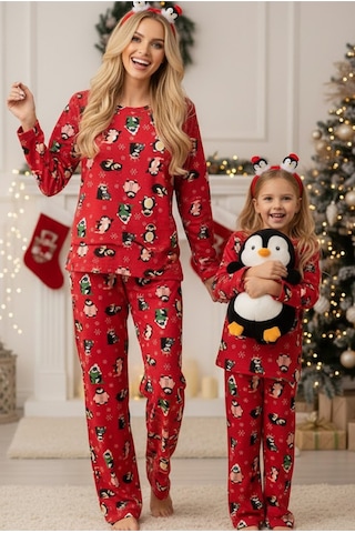 Siyah İnci %100 Pamuklu Puanlı Şeker Baston Desenli Yılbaşı Temalı Örme Pijama Takım Kırmızı Penguen