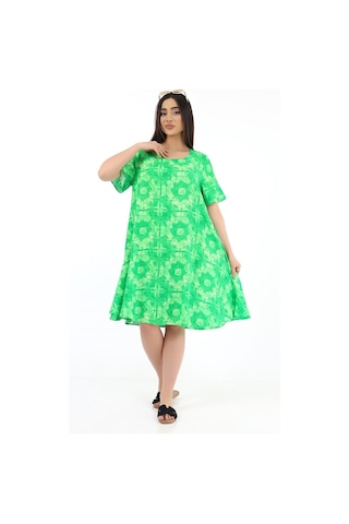 Schık Kadın Viskon Yarım Kol Kare Yaka Elbise Yeşil Yeşil