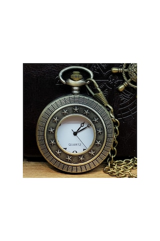 10 Adet Cep Saati Yıldız Motifli Metal Köstekli Zincirli Antika Bronz Tasarım 4.5 Cm Kasa 30 Cm Zincir Özel Kutulu Pocket Watch