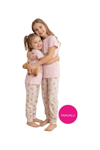 Kız Çocuk Desenli Düğmesiz Bisiklet Yaka Pamuklu Penye Kısa Kol Pijama Takımı Pembe