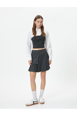 Koton Crop Gömlek Uzun Kollu Straplez Korse Detaylı Slim Fit Siyah Çizgili 4sal60092ıw 4SAL60092IW9S9 Siyah