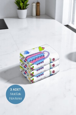 3lü Paket Baskılı Beyaz Mutfak Havlusu Modeli For You