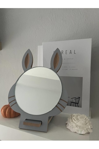 Masaüstü Gri Renk Hediyelik Dekoratif Makyaj Aynasi,Tavşan Kulakl Beyaz