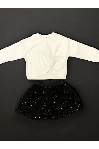 Çikoby Kız Çocuk Crop Bluz Pul Payetli Etekli Takım-14891 Ekru