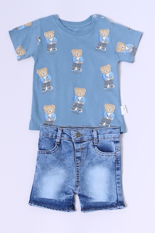 Erkek Bebek Şortlu Takım Kot Şortlu Çıtçıt Detaylı Baskılı B26 mavi