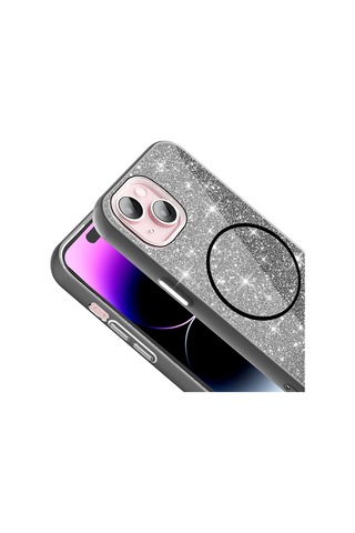 Apple Uyumlu iPhone 15 Kılıf Magsafe Şarj Özellikli Parlayan Simli Okso Kılıf Siyah