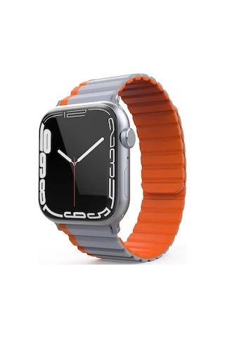 Movenchy - 618 - Apple Watch Uyumlu 42mm Mo-wb1 Çift Renk Mıknatıslı Silikon Kordon - Csmo-tex - - Gri-turuncu