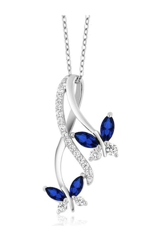 Brezza Lusso Jewelry Sonsuzluk Pırlanta Model Safir Taşlı Kelebek Kadın Gümüş Kolye 45 CM