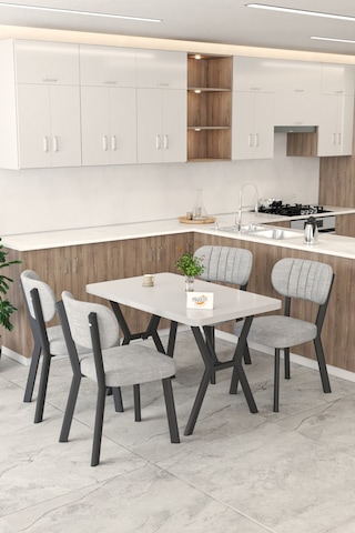 Gnr 70x110cm Sabit Beyaz Mutfak Masası Takımı, Yemek Masası, 4 Modern Gri Sandalye Gri