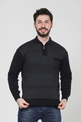 Kzc Tekstil Erkek Baba Orta Yaş Ve Üzeri Triko Örgü Akrilik Kışlık Regular Fit Cepli Fermuarlı Polo Yaka Kazak Lacivert