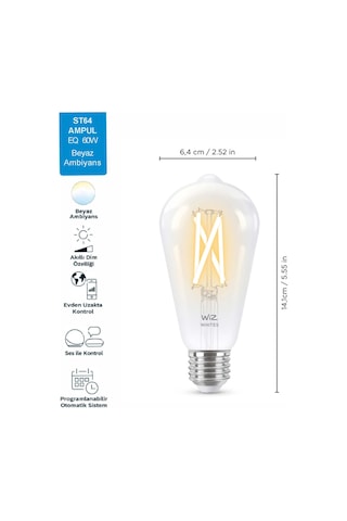 Wiz ST64 60 W Sarı-Beyaz Ambiyans E27 Şeffaf Cam Akıllı Filament Ampul