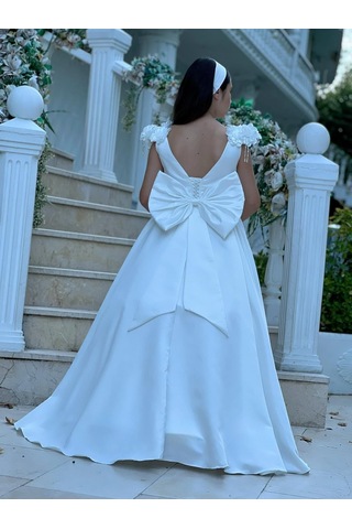 Prenses Çiçek Detaylı Tarlatanlı Beyaz Abiye Elbise Beyaz