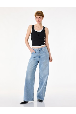 Koton Rahat Kalıp Düğmeli Cepli Taşlı Denim Pantolon - Baggy Jeans Açık İndigo 6sal40103md Açık İndigo