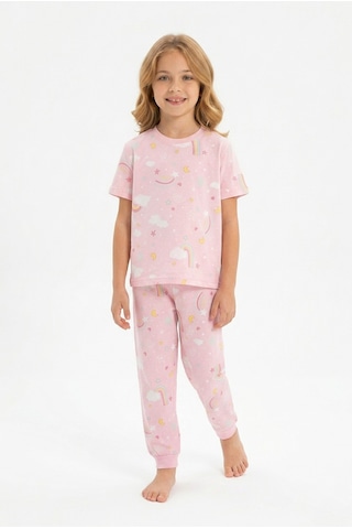 Alkın Kids 3-13 Yaş Kız Çocuk Gökkuşağı Desenli %100 Pamuklu Kısa Kollu Pijama Takımı Pembe