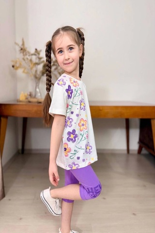 Yeni Sezon Çiçek Desenli Lila Renk Kapri Taytlı Kız Çocuk Takım Lila