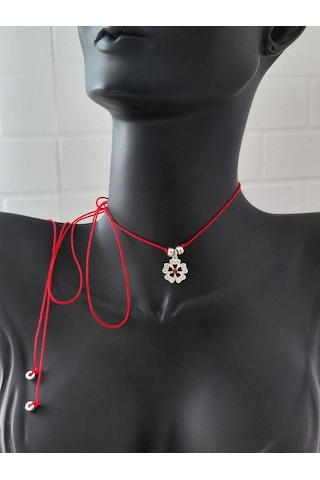 925 Ayar Gümüş Zirkon Taşlı Kırmızı İp Lotus Çiçek Tasarım Choker Kadın Kolye