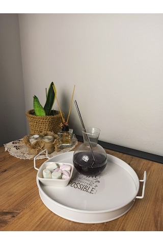 Metal Sunum Tepsi.çay Kahve Pasta Tatlı Servis 27 Cm Beyaz Metal