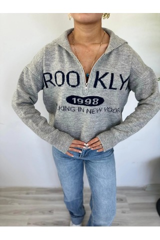 Keymoda Kadın Brooklyn Baskılı Kazak Gri Gri