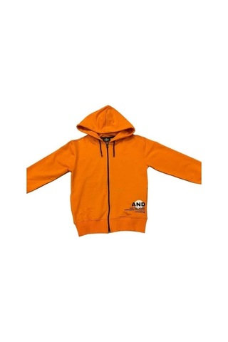 Erkek Çocuk Kapüşonlu Fermuarlı Pamuklu Hırka-15355 Turuncu