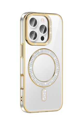 Apple Uyumlu iPhone 16 Pro Max Kılıf Pırlanta Taş Tasarımlı M-safe Şarj Özellikli Zore Karetta Silikon Kapak Gold