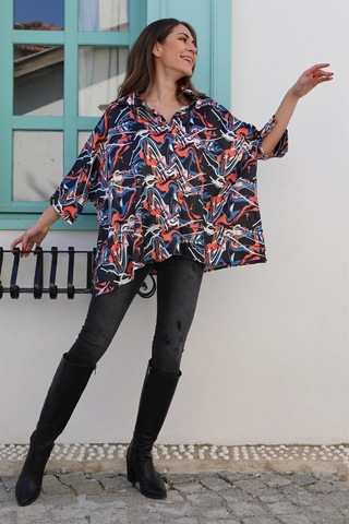 Desenli Saten Yarasa Kadın Gömlek - Turuncu-turuncu Turuncu