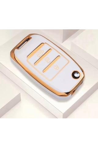 Lüx Kia Sorento Sportage Picanto Uyumlu Cerato Soul Rio Ceed 3 Buton Anahtar Kılıfı Beyaz Gold Renk