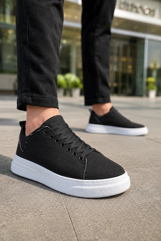 Mevese Ont Bağcıklı Keten Dokulu Hafif Taban Erkek Günlük Casual Sneaker Ayakkabı - Siyah Beyaz