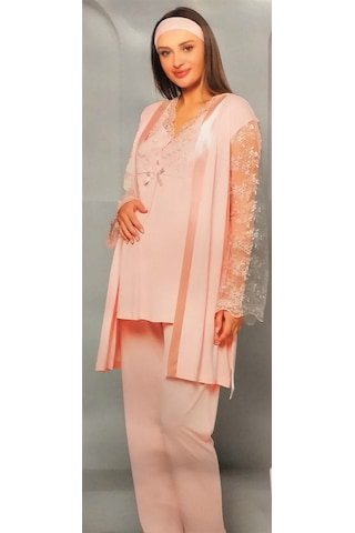 Flz Pijama 3'lü Dantelli Lohusa Pijama Takımı Pudra